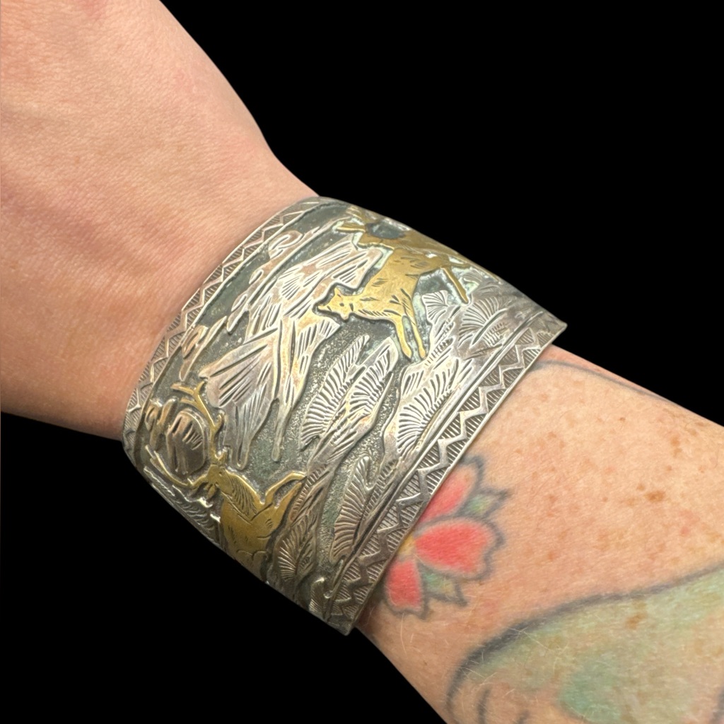 Vintage Navajo Verdy Jake Sterling Silver 12k Gf Overlay Storyteller Cuff 80 G